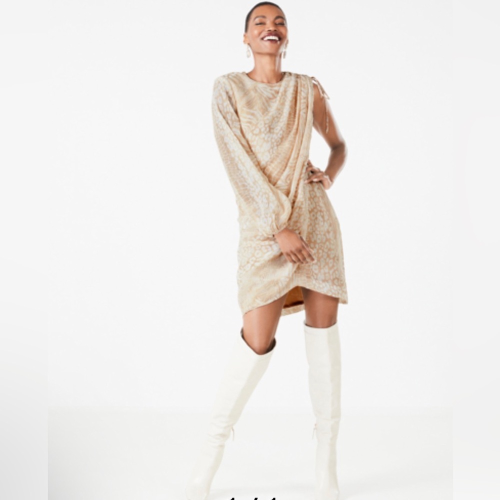 BCBGMAXAZRIA GABRIELLA ONE SLEEVE DRESS IN TONAL MIX ANIMAL PRINT